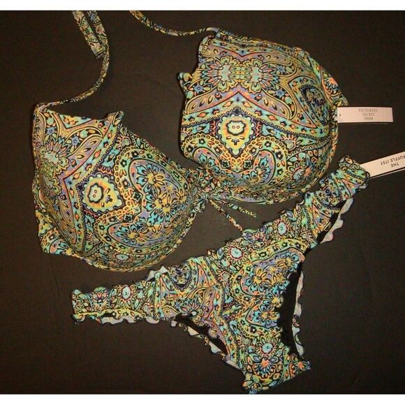 Victoria's Secret BIKINI 32C,34C,32DD/34D,34DD+S ruffle itsy MOSAIC GARDEN GREEN - Picture 1 of 4